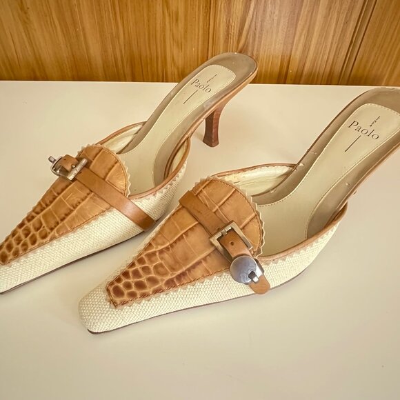 Paola Linea Mules Cream with Alligator Accent and Buckle Size 7 1/2M - Picture 1 of 11